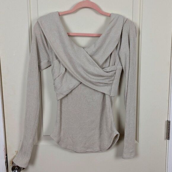 Free People | Gray Ribbed Cross Front Long Sleeve Top Size US M - Picture 1 of 8
